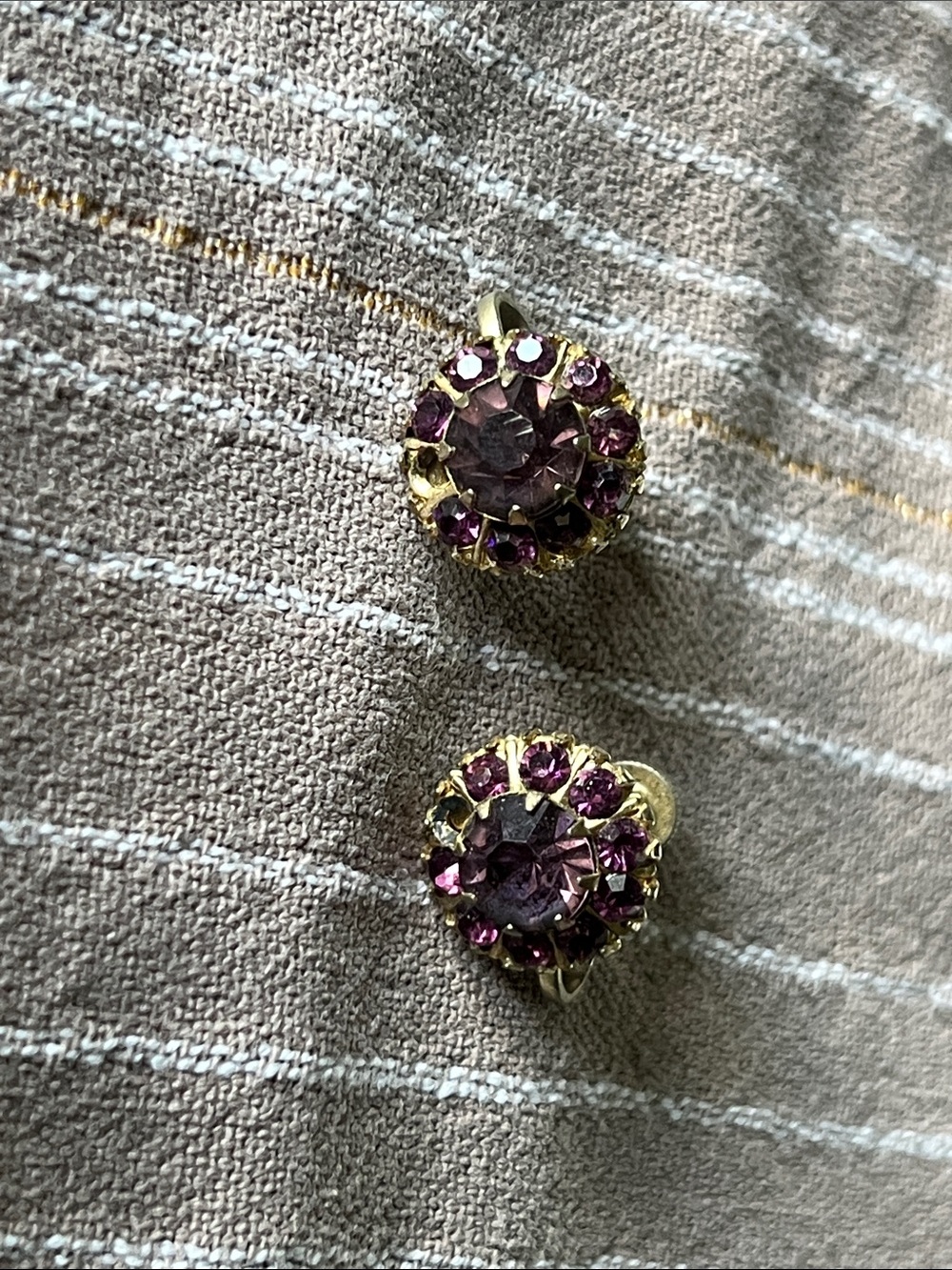 Vintage Gold-Tone Purple Crystal Cluster Clip-On Earrings - Women Jewelry